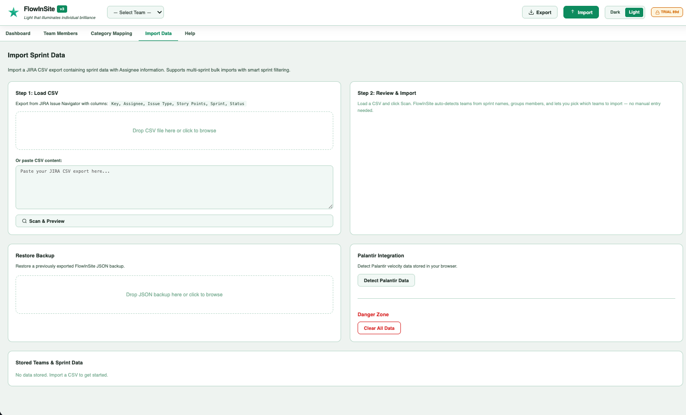 FlowInSite — Team flow analytics dashboard